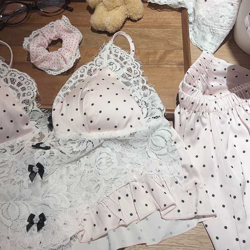 Princess Style Pink Dot Lace Pajamas Set Sexy Vest Top Shorts Pijama Mujer Summer Spring New Loungewear Ice Silk Lingerie
