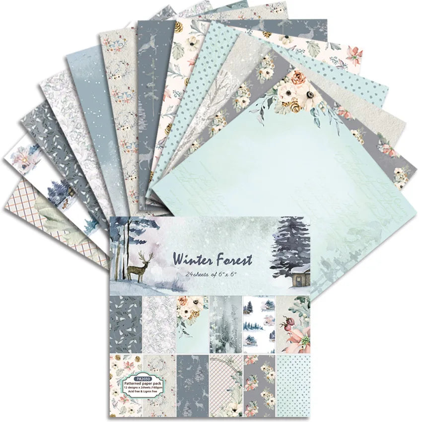 12/24 Vintage Scrapbooking Papers 6 inch Christmas Winter Design Pattern Paper for DIY Album Scrapbook Junk Journal Supplies