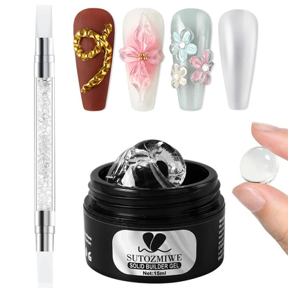 15ml Clear/White Solid Nail Extension Gel Quick Building UV Gel Builder Molding Nail Gel Polish 3D Sculpting Brush Manicure Kit