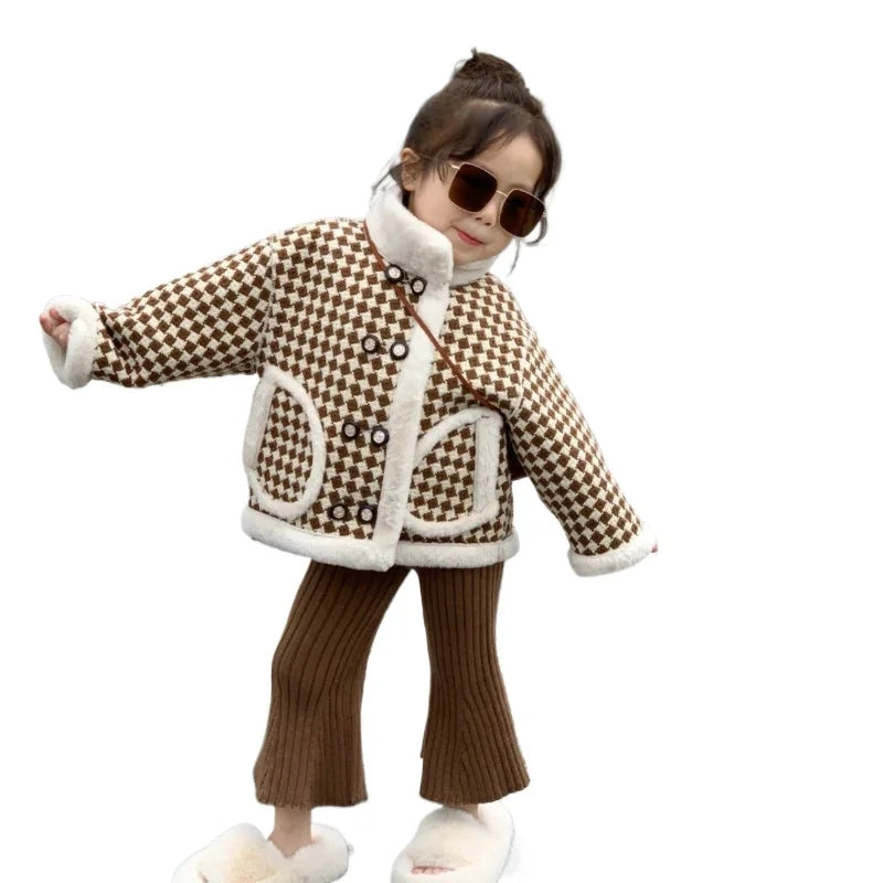 Plaid Fashion Girls Fleece Jacket Thermal Toddler Kids Coat Warm Children's Winter Clothes