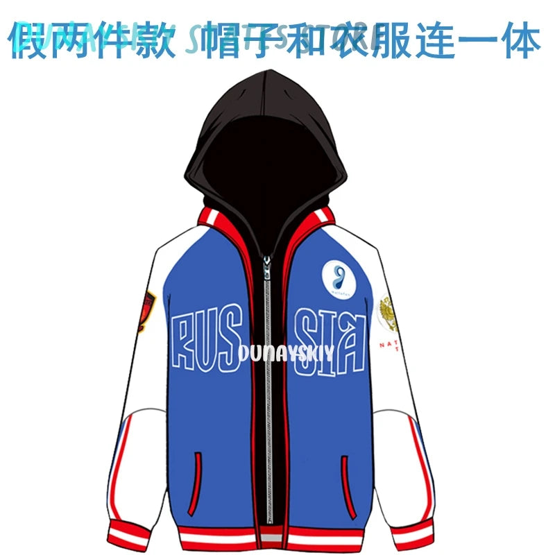 Anime Yuri Plisetsky Victor Nikiforov Cosplay Costume Red Blue Coat Jacket Pants Anime Unisex Halloween Sportswear for Women Men