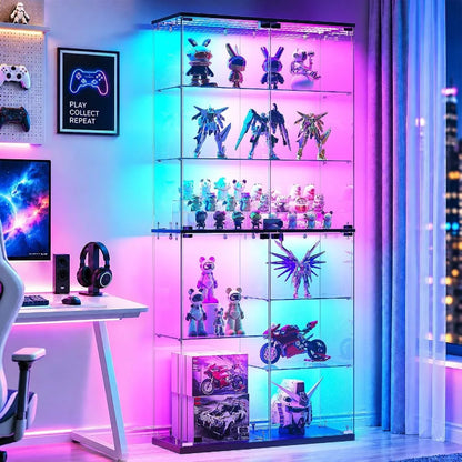 Full Glass Display Cabinet for Collectibles: Tempered Glass, Black, RGB Lights with Adjustable Brightness
