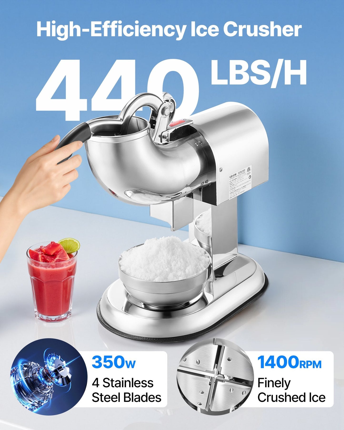 Commercial Ice Crusher 440LBS/H Electric Snow Cone Maker Shaved Ice