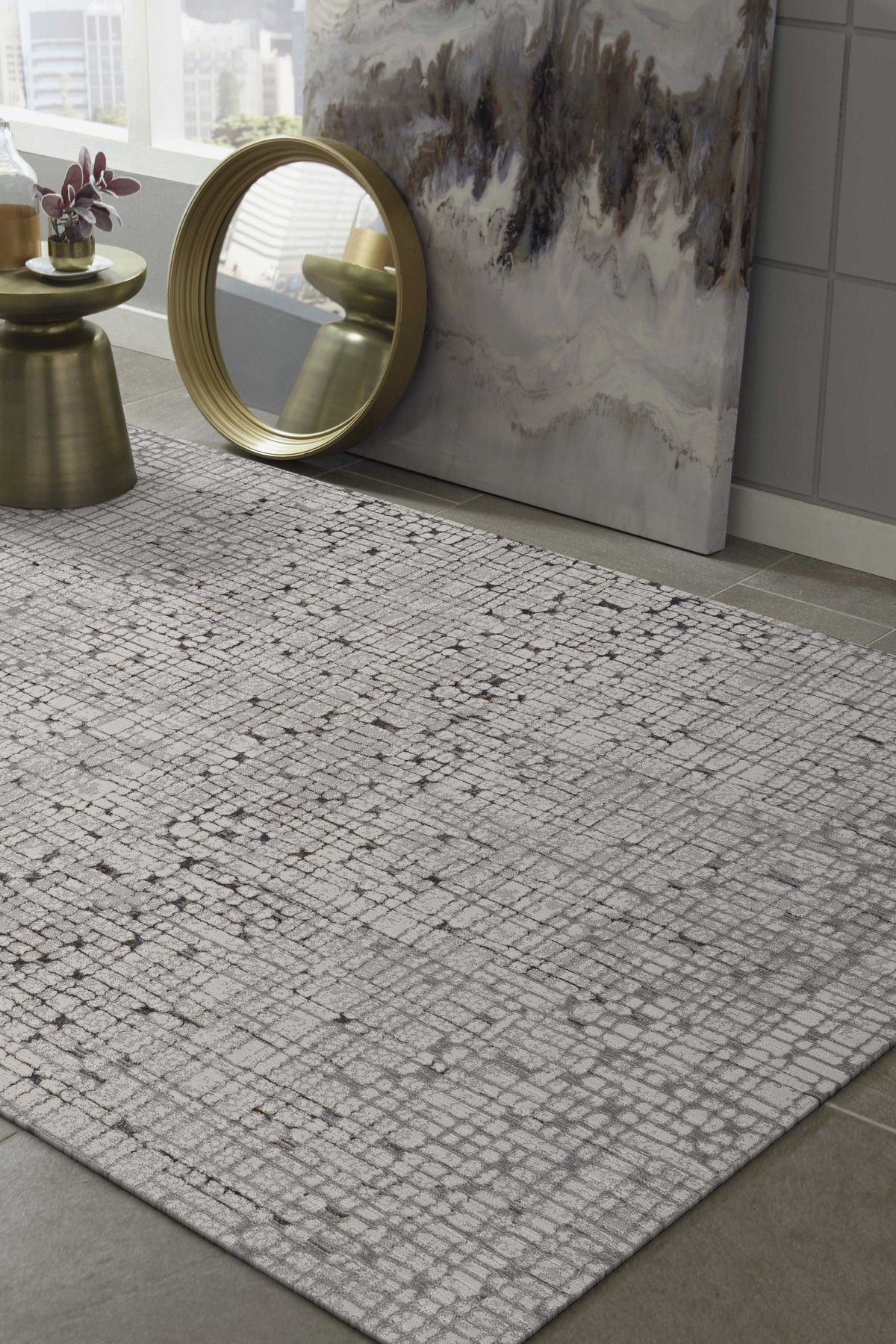 7inchesx10inches Grey Machine Woven Abstract Lines Indoor Area Rug