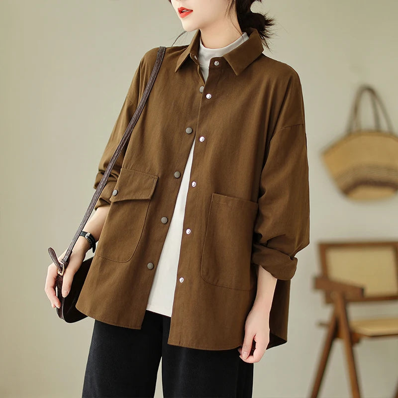 Cotton Linen Jacket Women Loose Thin Casual Trench Coat Korean Fashion Autumn Long-sleeved Shirt Oversize Blouse Camisa Feminina