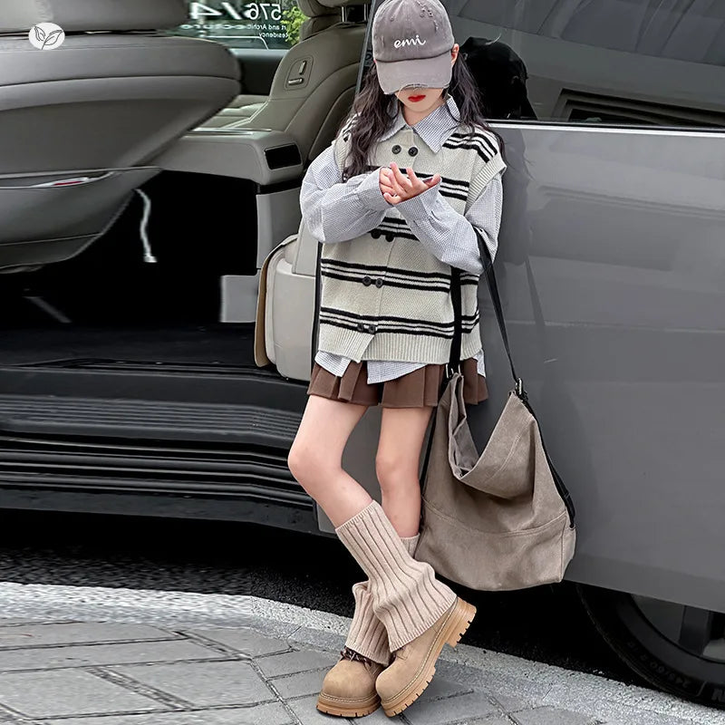 Girls Autumn Knitted Vest 2025 New Korean Fashionable Casual Daily Striped Sleeveless Double Breasted All-match Waistcoat
