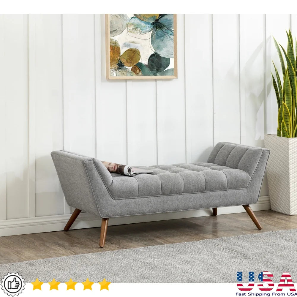 Contemporary Tufted Linen Bench Indoor Seating Durable Wood Frame Biscuit Tufted Light Grey Upholstered Seat Assembly Required