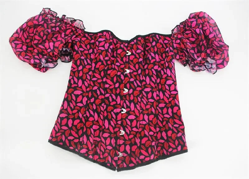 Sexy Women Off Shoulder Corset with Floral Lace Sleeve Lace Up Bustier Fishbone Overbust Corset Bodyshaper Lingerie Top