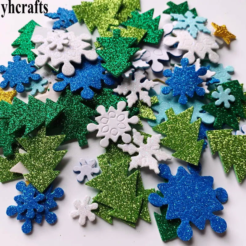 100PCS glitter snowflake christmas tree foam stickers Xmas handwork Kids diy toys Early learning educational toys OEM