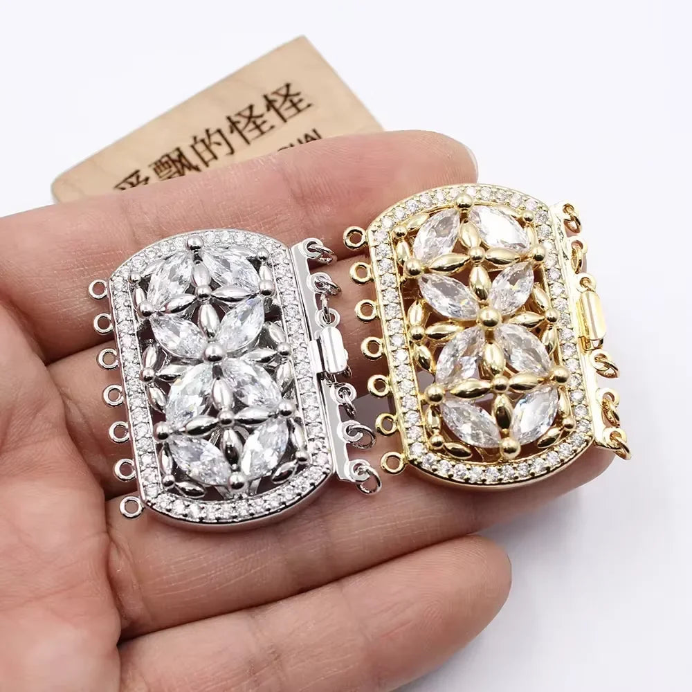 33x42mm 1 Pcs 7 Rows Rectangle Clear Crystal Copper CZ Gold Plated Clasp For Pearl Necklace Bracelet Making DIY Craft Accessorie