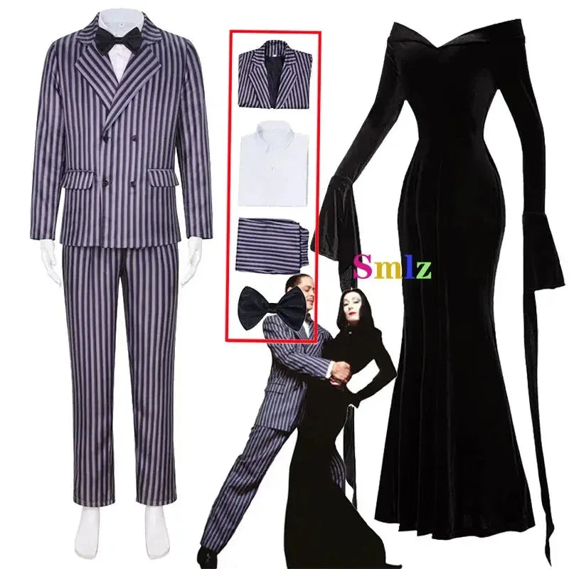 2025 New Gomez Addams Cosplay Anime Morticia Costume Dress Halloween Carnival Outfit Adult Kid Coat Shirt Pant Tie Suit Par☆☆☆aa