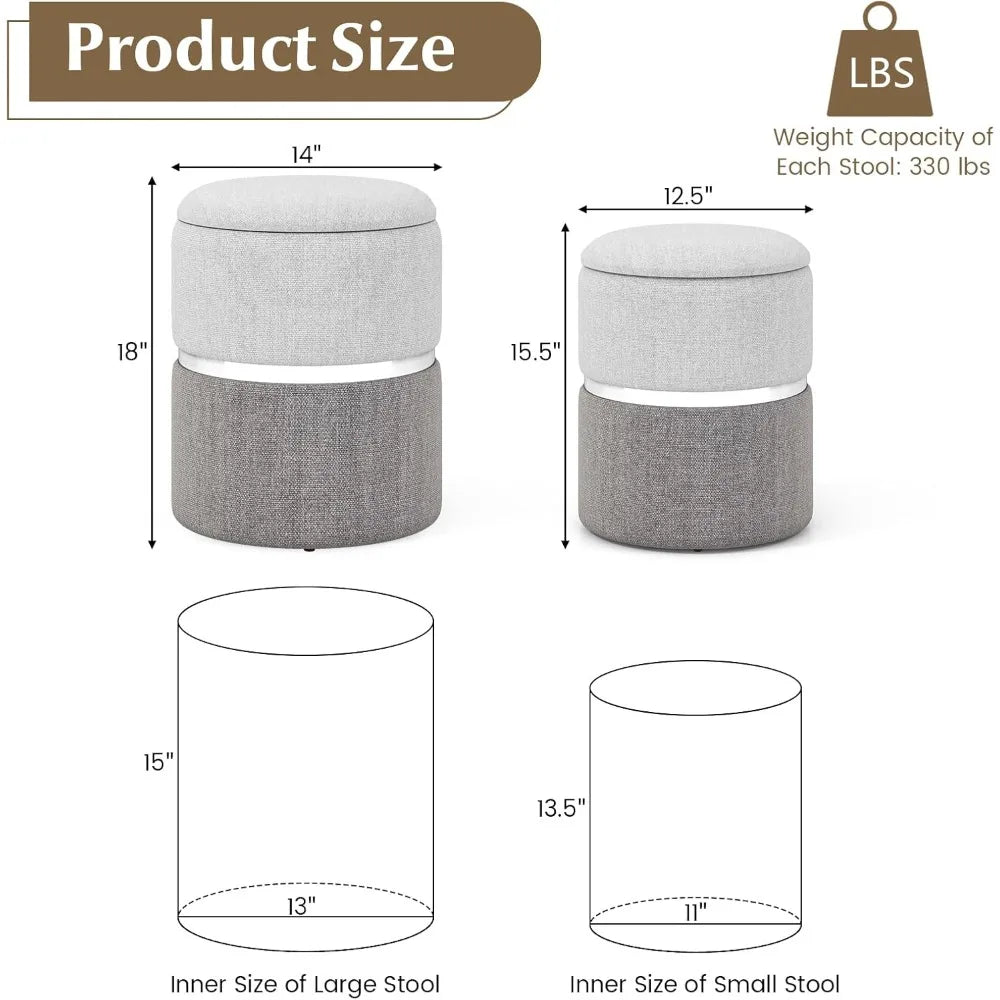 Storage Ottoman Set of 2, Modern Round Ottoman with Storage, Upholstered Linen Fabric Footrest with Sliver Hoop, Vanity