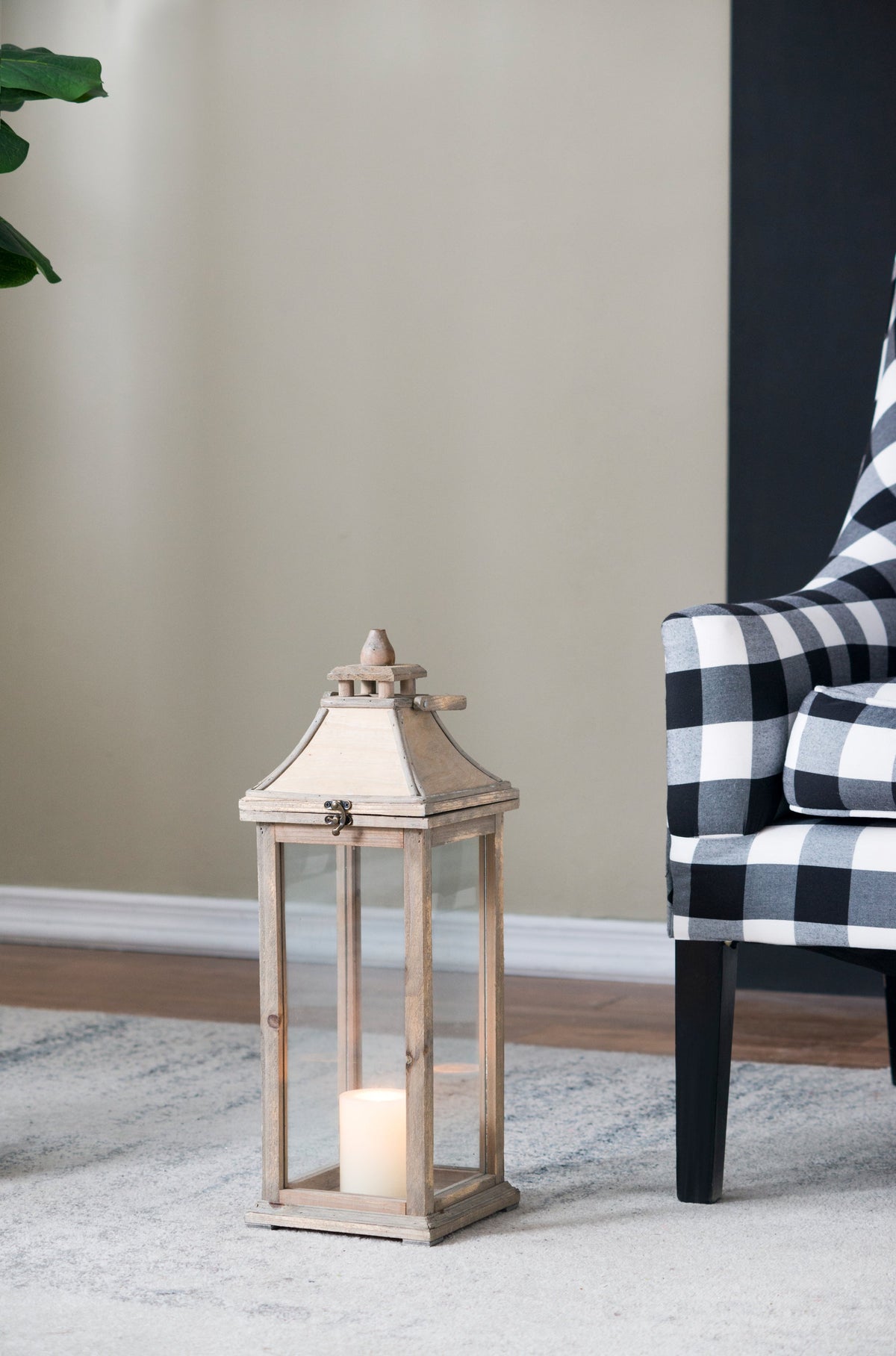 Set of 2 Ivory Wood & Glass Candle Lanterns