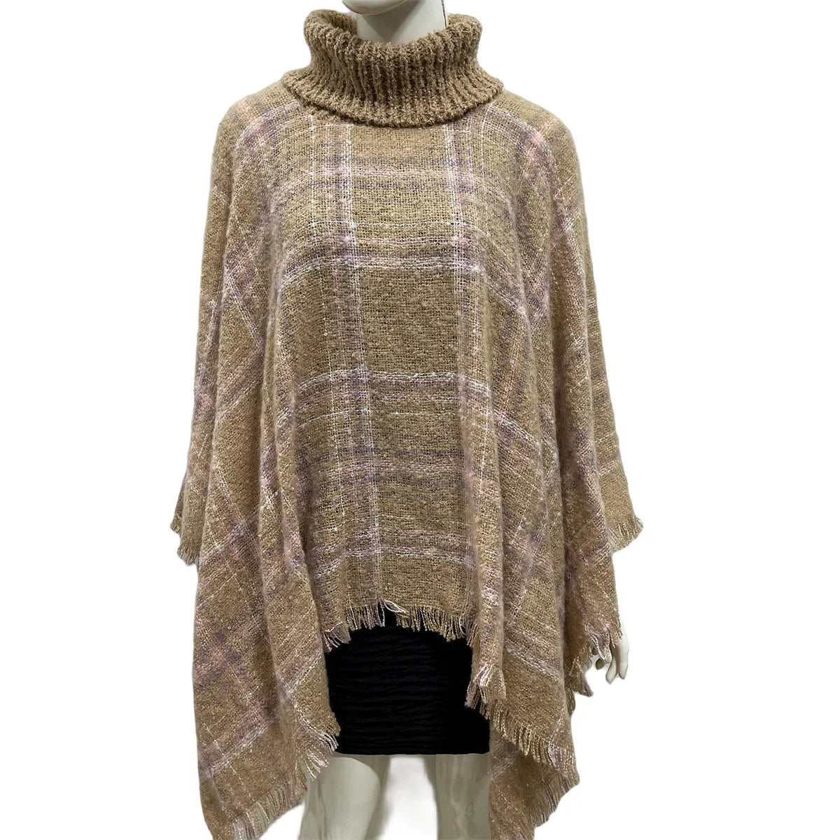 New Women Autumn Winter Striped Knitted Poncho Shawl Sweater Overcoat Streetwear Thick Warm High Neck Loose Knitwear Long Coat