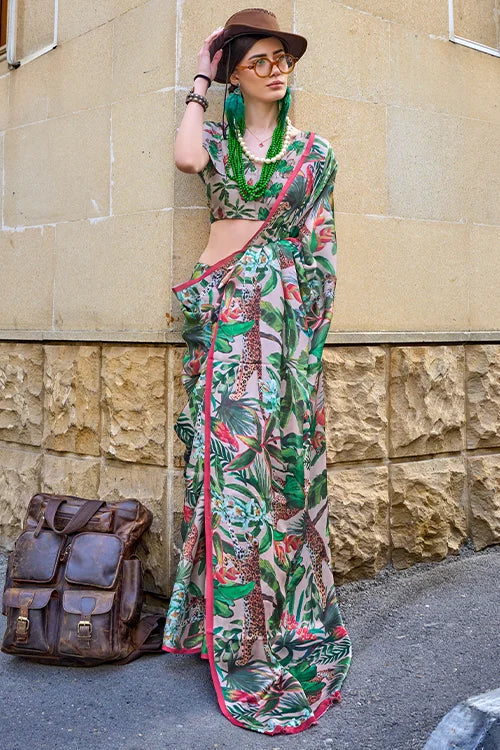 Captivating Pink Digital Printed Georgette Silk Saree With Blouse