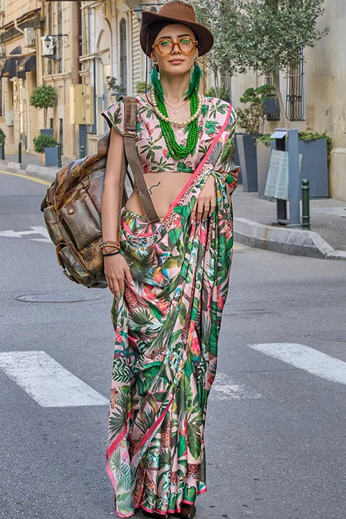 Captivating Pink Digital Printed Georgette Silk Saree With Blouse
