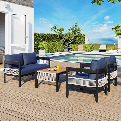 Multi-person Outdoor Iron Sofa Set with Table, Rattan Decoration,