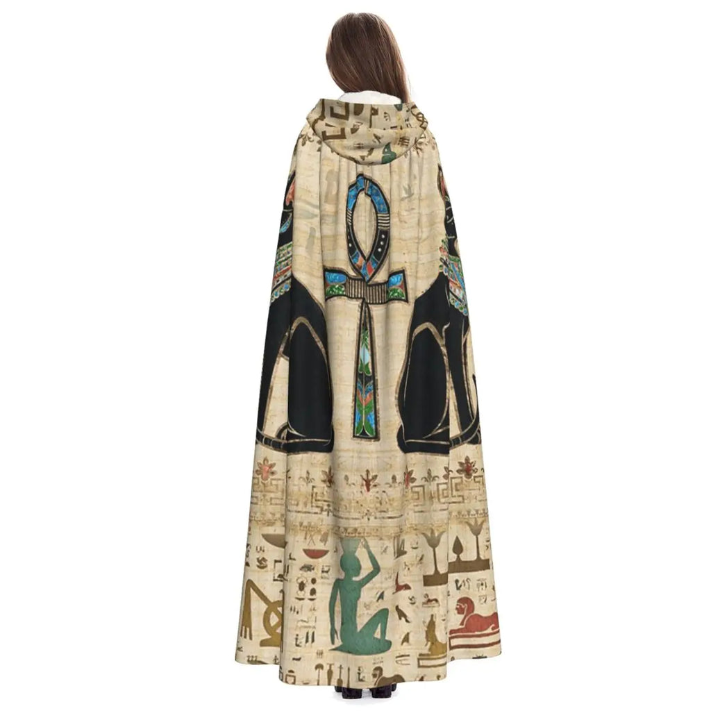 Egyptian Cats And Ankh Cross Long Hooded Cloak Witch Medieval Costume Cosplay Cape HalloweenCoat Adult Unisex