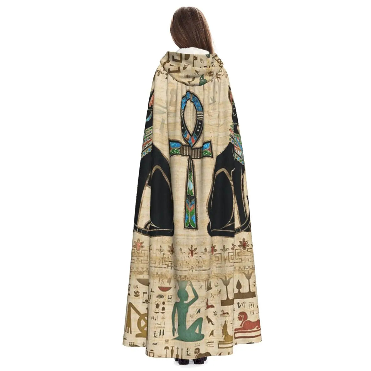 Egyptian Cats And Ankh Cross Long Hooded Cloak Witch Medieval Costume Cosplay Cape HalloweenCoat Adult Unisex