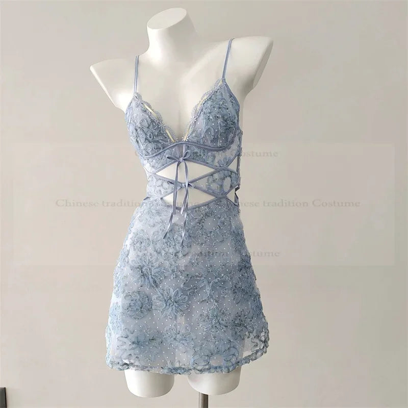 Sexy Spaghetti Strap Mini Homewear Women Sweet Floral Lingerie Hollow Out Lace Bandage Nightgown Sleepweawr Nightwear