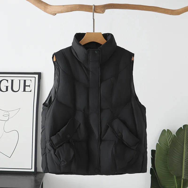 Plus Size Women Down Vest Winter New Loose Oblique Pocket Standing Collar 50% White Duck Down Warm Sleeveless Coat 1317