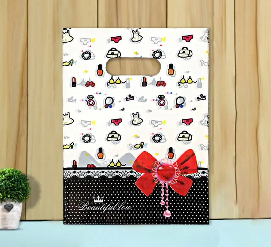 50pcs Multi Style Plastic Handle Bag 15*20cm Small Jewelry Packing Bag Party Favor Bags For Candy Cookie Gift Packaging Bag