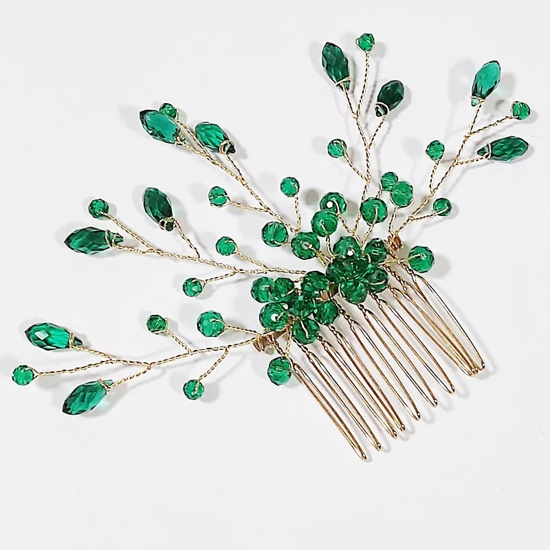 Green Color Rhinestone Hair Combs Bridal Hair Jewelry Leaf Hairpins Pearls Hairpins Bride Wedding Headdress Headband