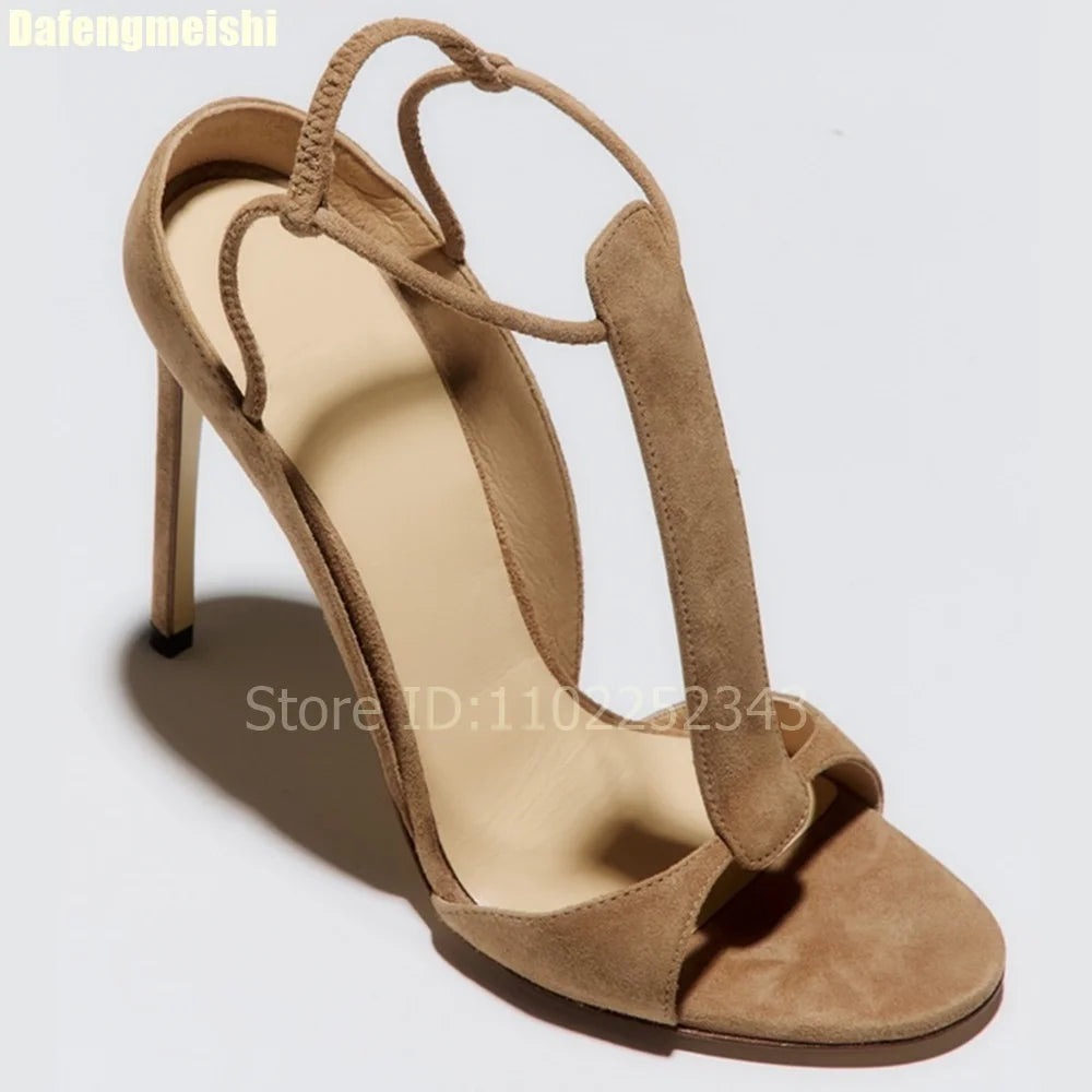 2025 Summer New Women's T-Strap Sandals Suede Stiletto High-Heeled Shoes 10Cm/8Cm Open-Toed High-Heeled Shoes French Sandals