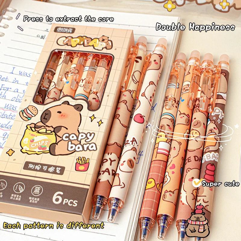 Cute Capybara Gel Pens - 6Pcs Kawaii Pen Set Quick-Drying Blue Erasable for Office School Kawaii Aesthetic Stationery
