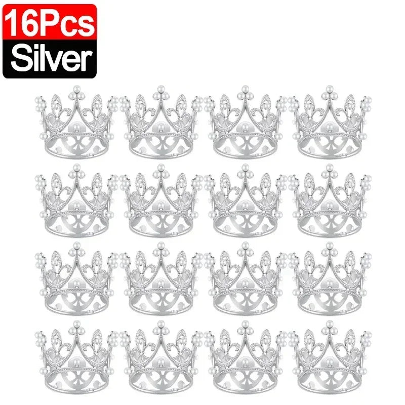 20/1Pcs Mini Crown Cake Decoration Pearl Tiara Gold Silver Crowns Cake Topper for Children Hair Ornaments Wedding Birthday Party