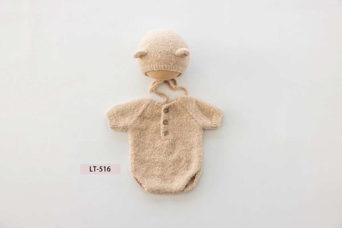 Newborn Photography Props Handmade Knitted Bear Clothes Costume Bodysuit with Hat and Cute Doll Set for Baby Studio Photo Shoot