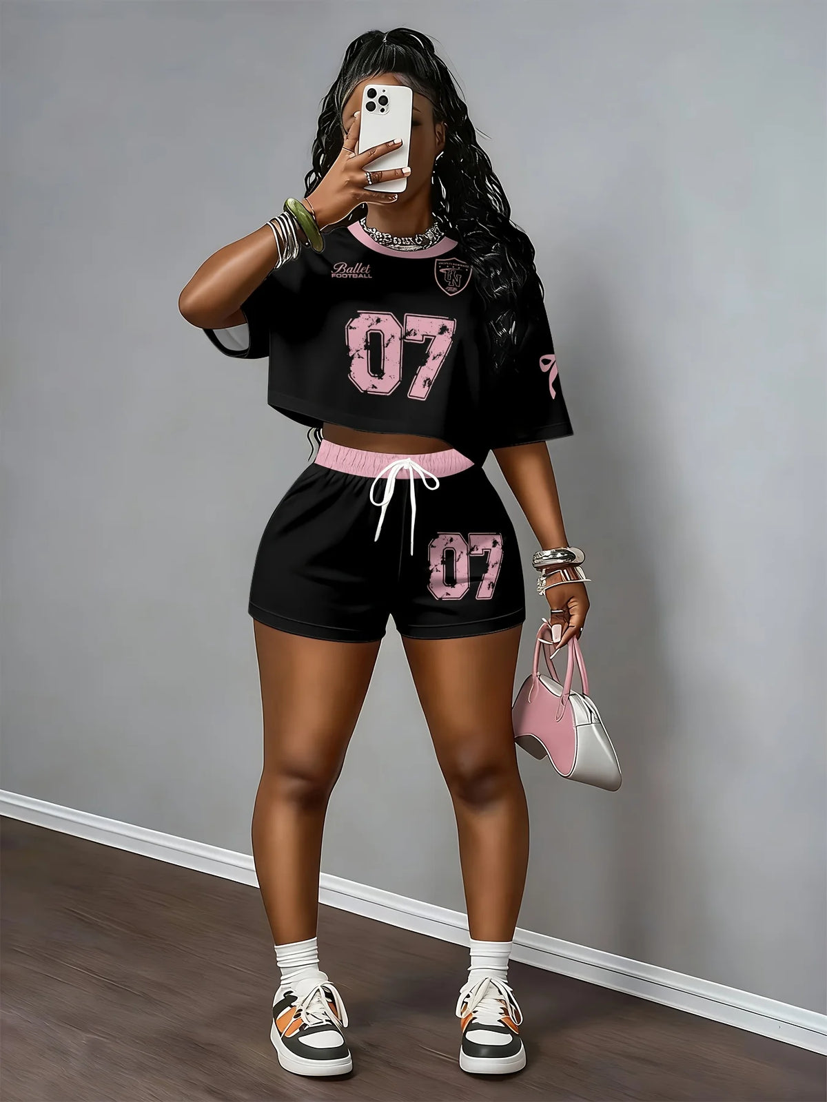 2026 New Short-Sleeve T-Shirt Set Crew Neck Casual Retro Print Hip-Hop Trend Crop Top Two-Piece Set Outdoor Sports Set