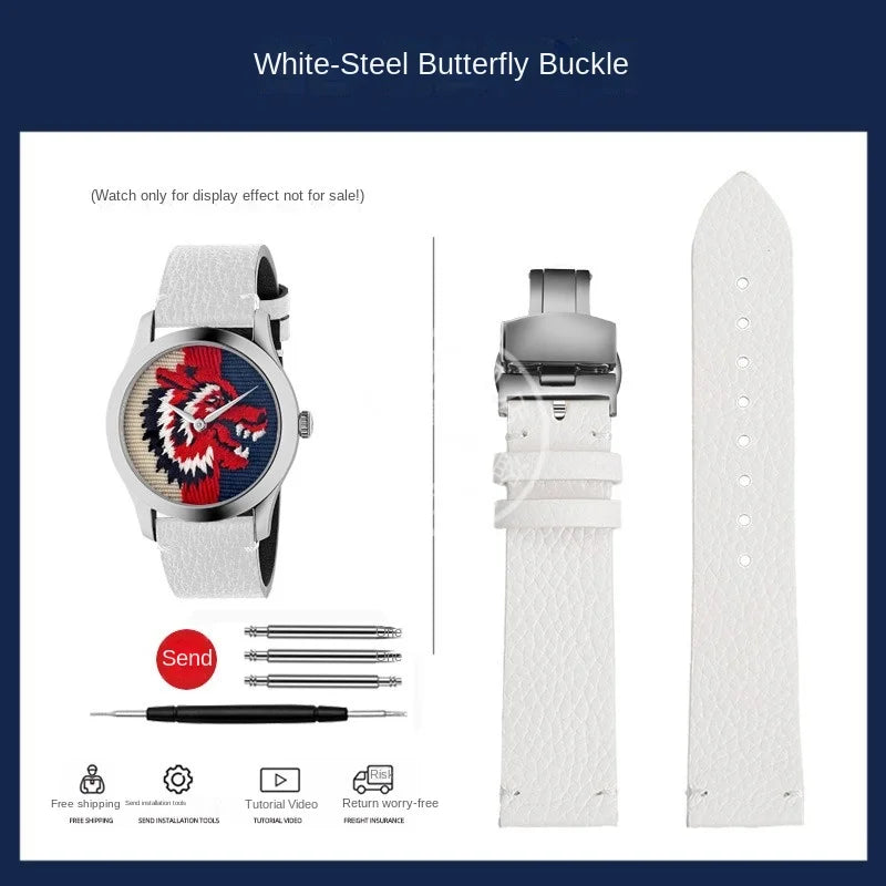 watch band For GUCCI YA1264065 Little Bee Embroidered Gucci Men's and Women's Green Genuine Lea/ther Watch Strap 20mm Bracelet