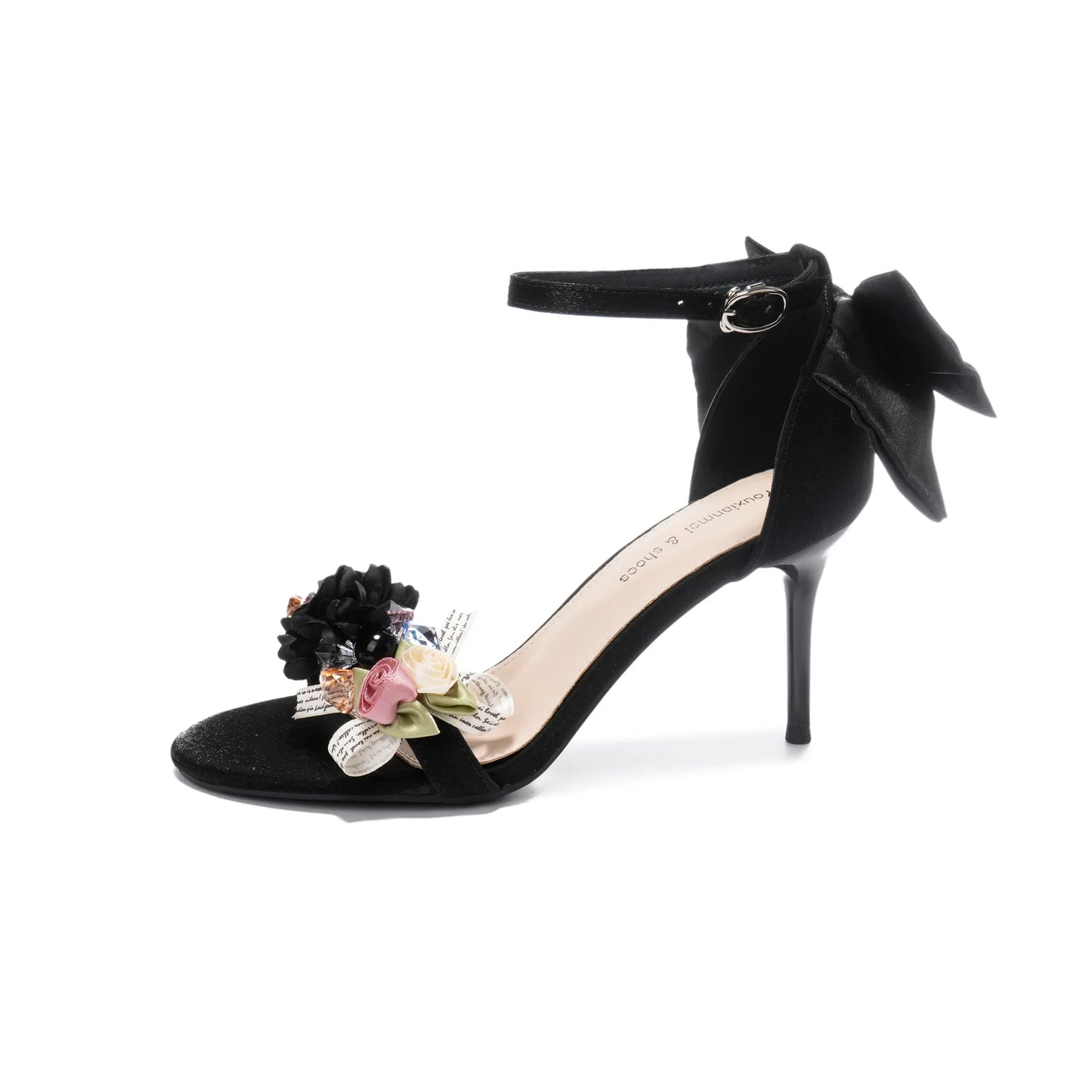 2025 Summer Fashion Women Pumps Open Toe Satin Flower Bow Buckle High Heel Sandals Dress Wedding Shoes