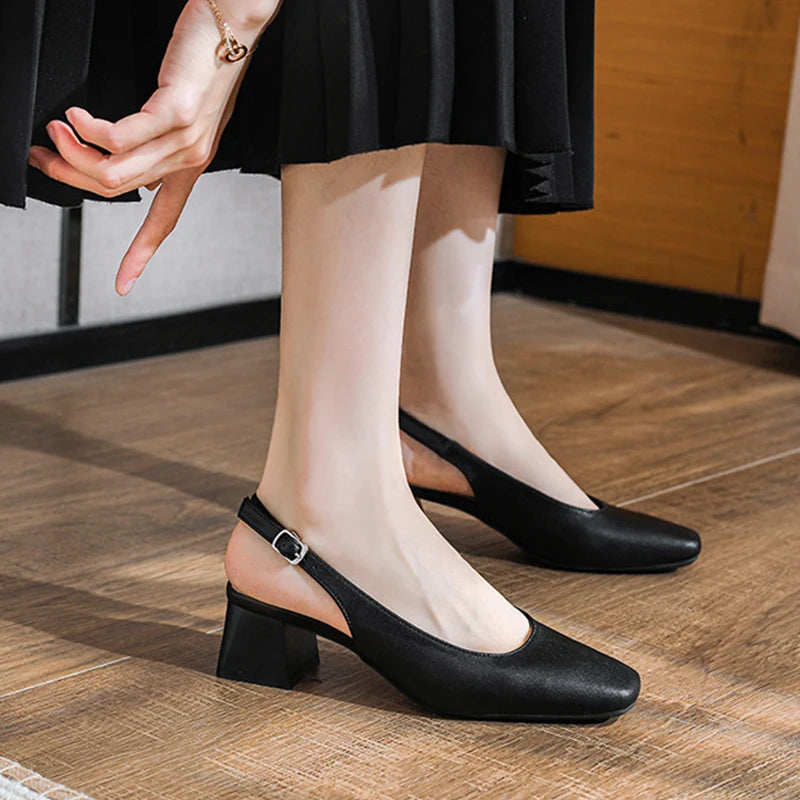 Oulylan Women Trendy Buckle Strap Sandals Plus Size Thick Heeled Slipper Summer Square-toed High Heels Elegant Pure Color Sandal