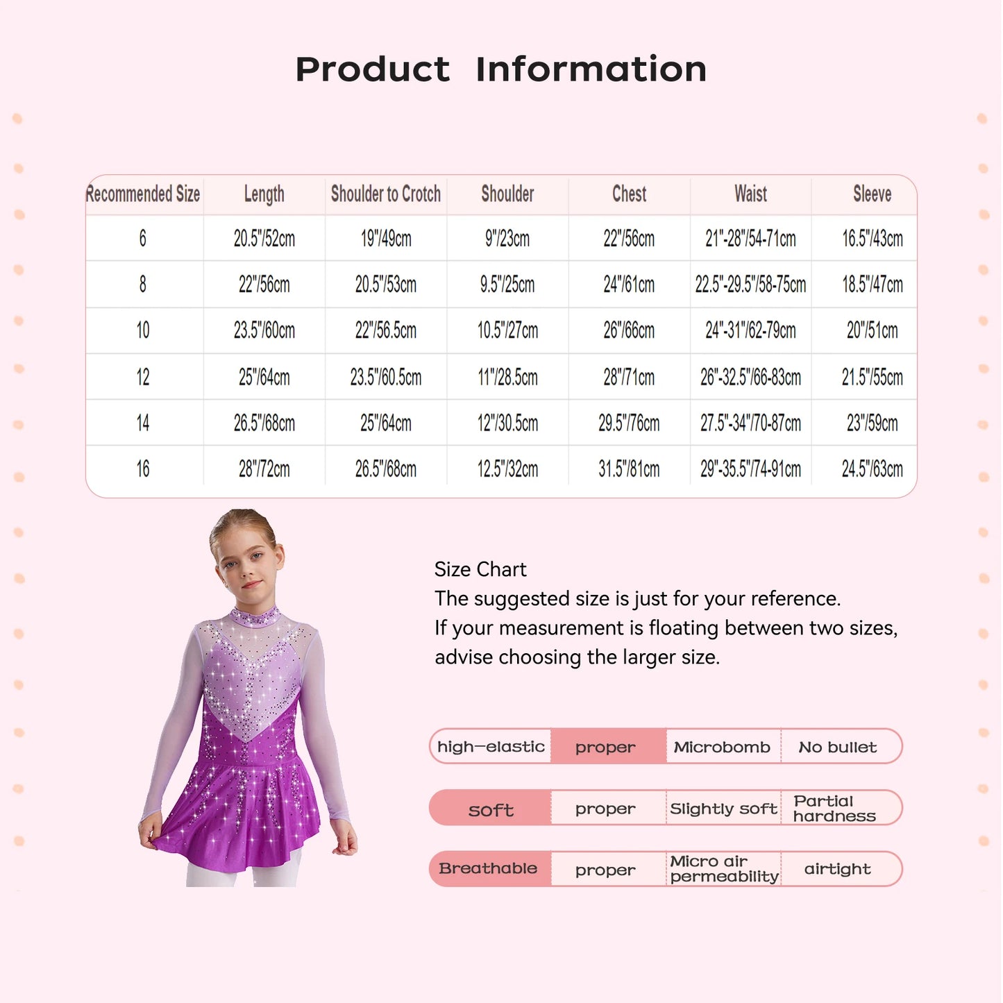 Kids Girls Figure Skating Dance Dress Ballet Lyrical Princess Costume Long Sleeve Color Block Mesh Rhinestones Leotard Dress