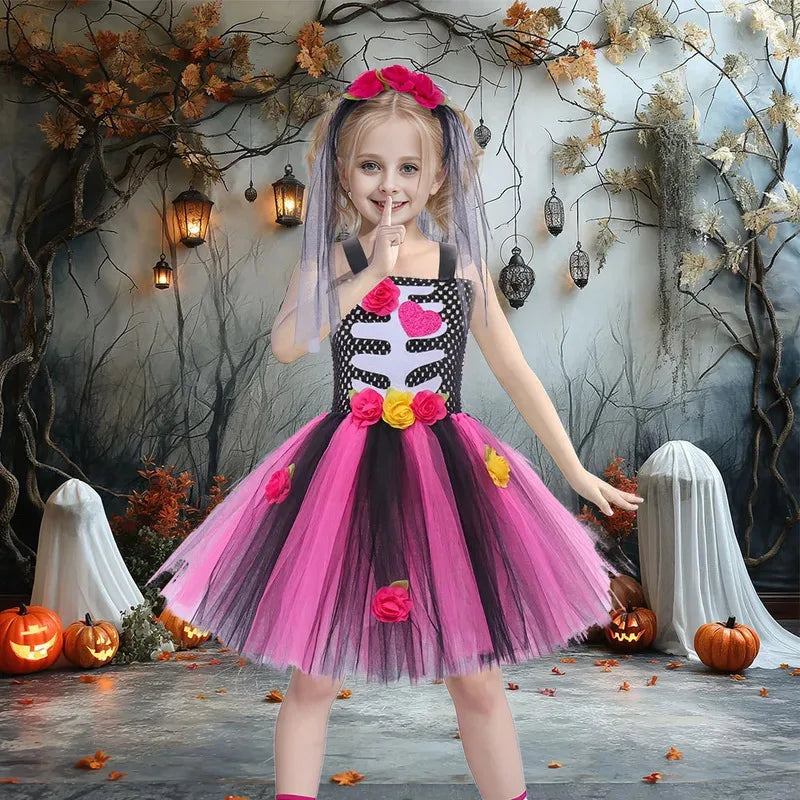Children's Halloween Zombie Bride Horror Skeleton Vampire Puff Dress Flower Tutu Dress Stage Role Playing  Sleeveless Dress