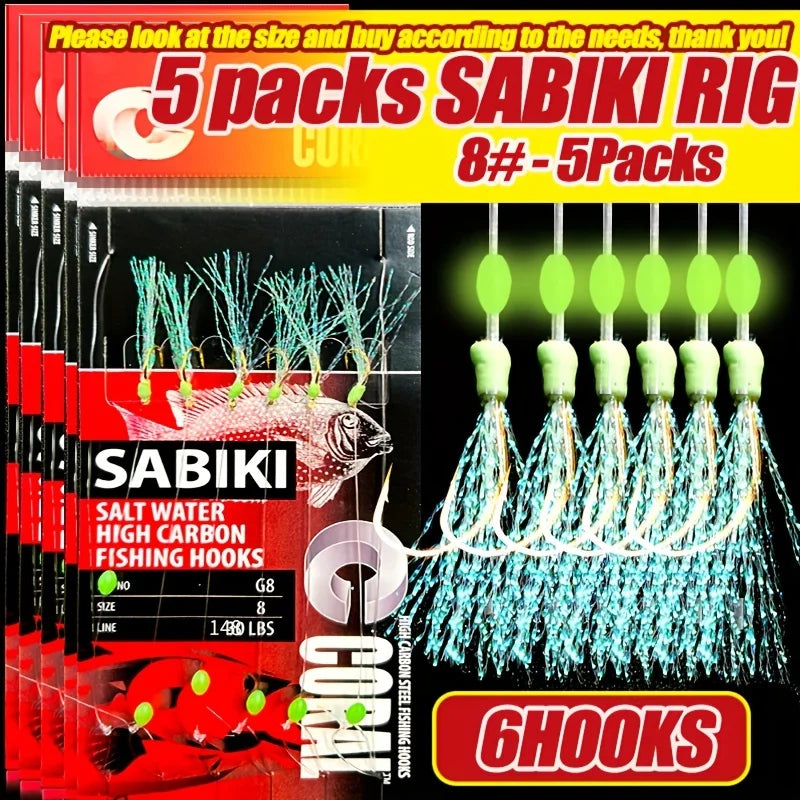 TAKBAS 1/5 Packs Sabiki Rigs, Fishing Bait Rigs, Luminous Sea Fishing Rig with High Carbon Fishing Hooks,for Fresh/Saltwater