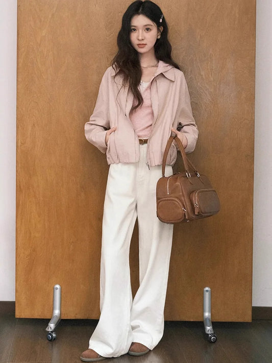 ALXNAN Women's Pink Lapel Jacket Short Coat New Autumn Edition with Gathered Hem Versatile Breathable Cotton Top L56722