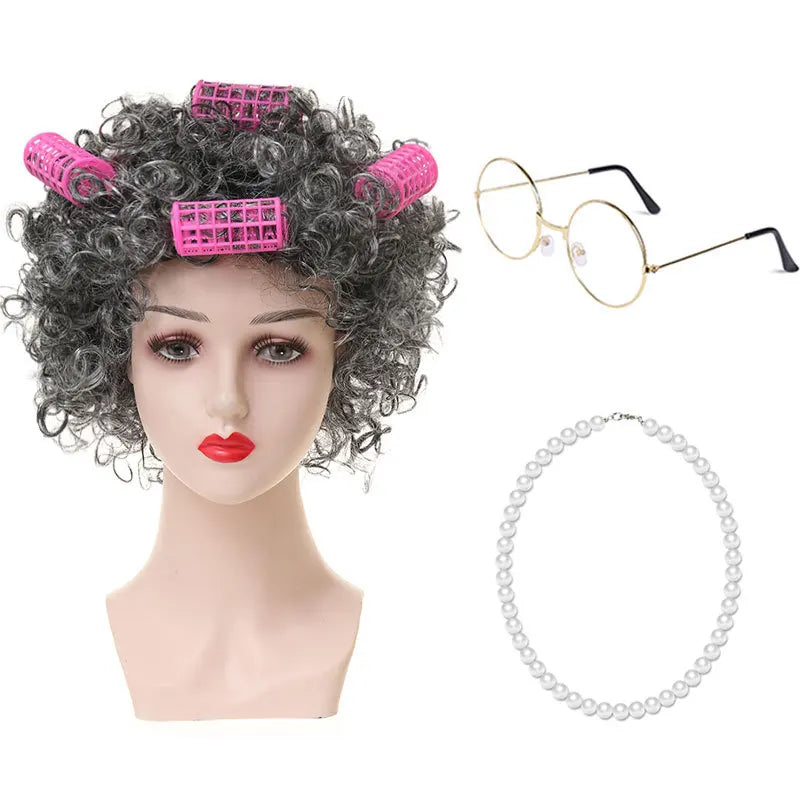 Granny Wig Cos Halloween Granny Curly Hair Charterer Stage Show Wig Cover Props