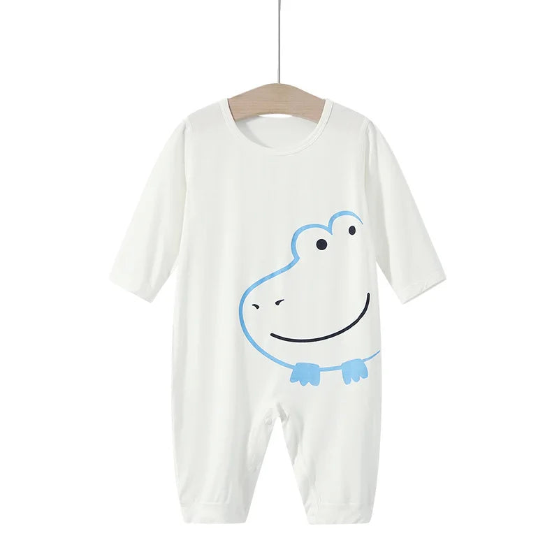 Boys and Girls' Pajamas Thin Air-conditioned Clothes Cartoon Animal Print One Piece Thin Long-sleeved Baby Spring and Autumn