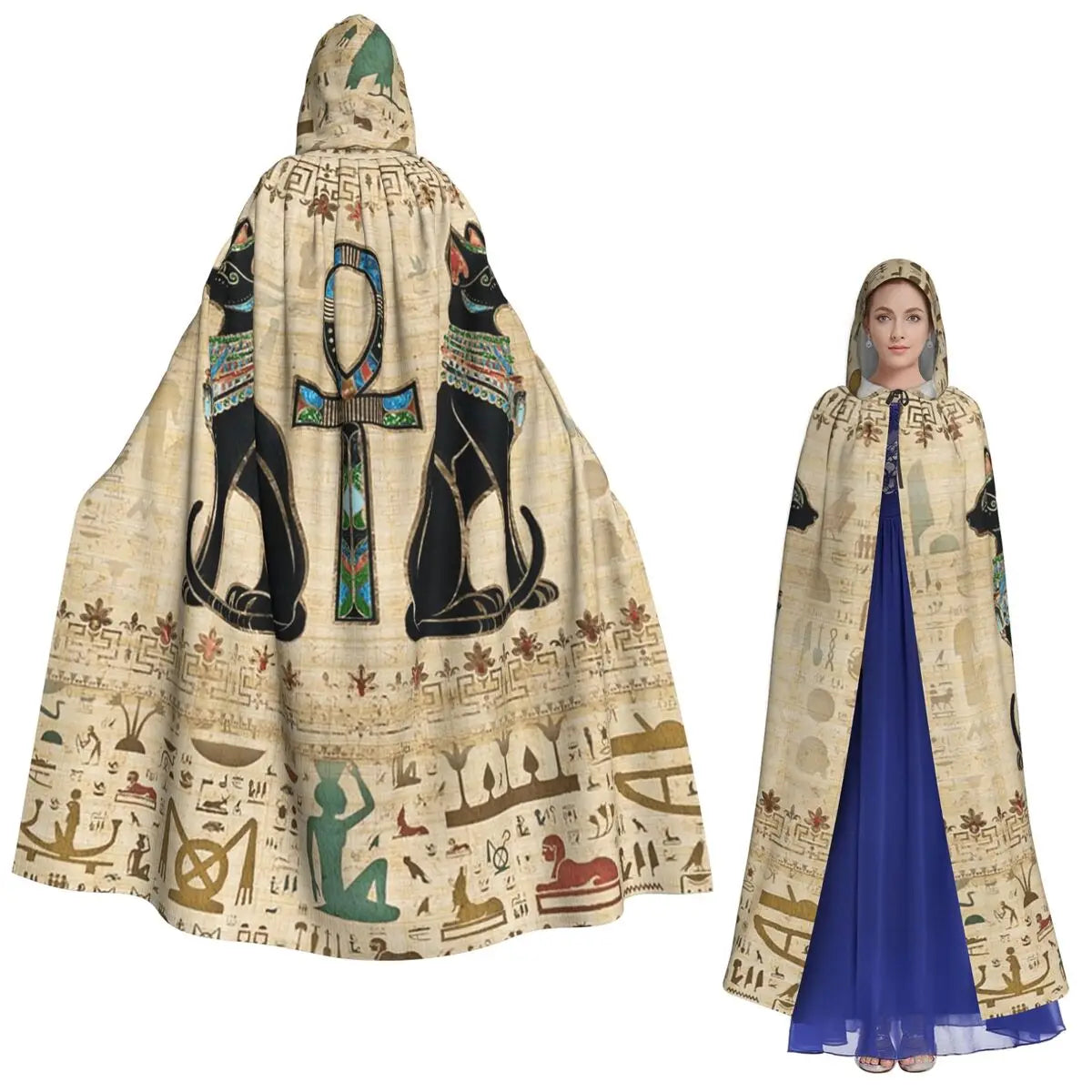 Egyptian Cats And Ankh Cross Long Hooded Cloak Witch Medieval Costume Cosplay Cape HalloweenCoat Adult Unisex