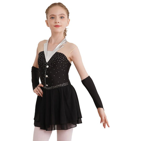 Kids Girls Shiny Ballet Skating Tuxedos Leotard Dress with Gloves Children Lyrical Dance Costumes Latin Cha-cha Stage Dancewear