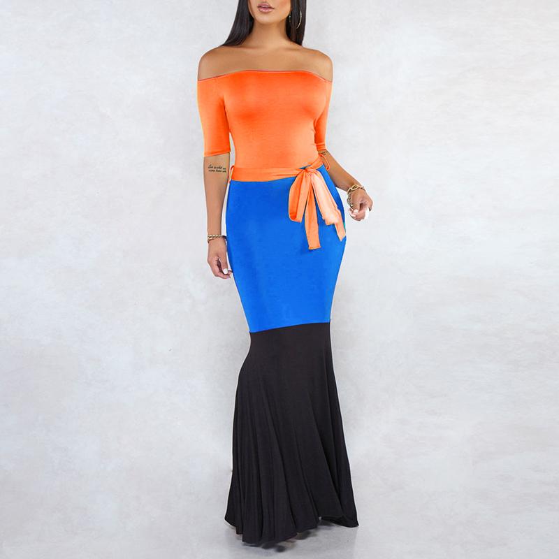 Patchwork off shoulder sexy dress Bodycon elegant sashes ball
