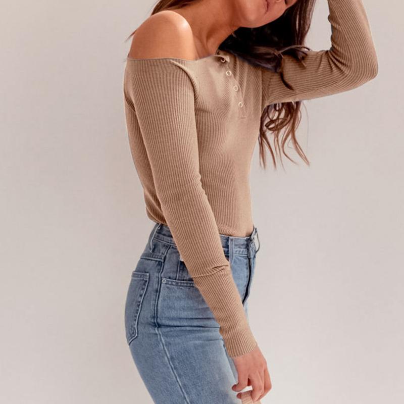Off shoulder knitted top Women sexy long sleeve button