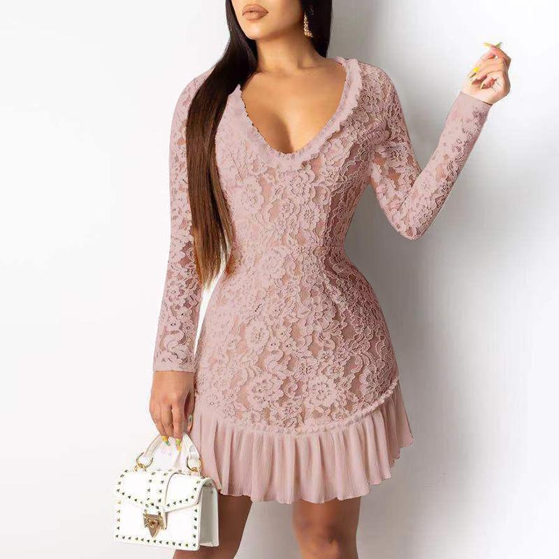 Elegant ruffle patchwork A-line black dress Sexy long sleeve