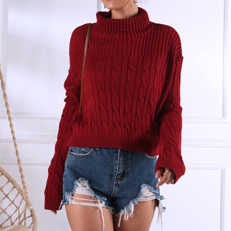 Wine red knitted turtleneck jumper christmas sweater Winter
