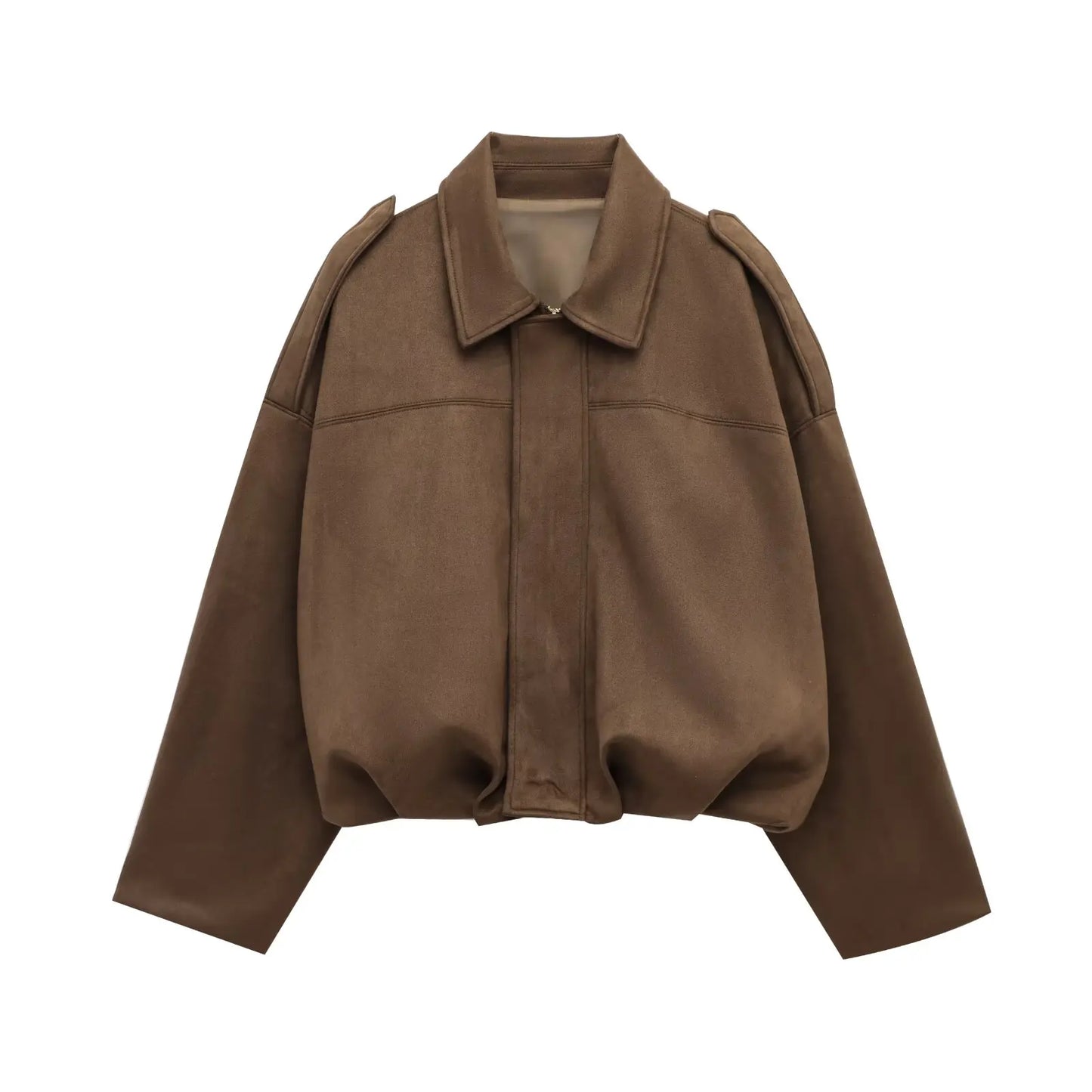 TRAFZA Women Brown Green Suede Jacket Loose Casual Bomber Coat Lapel Zipper Long Sleeve Jackets Vintage Lady Motorcycle Outwears