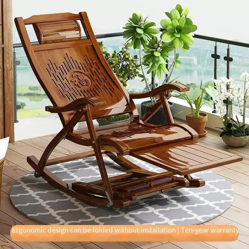 Vintage Cane Rocking Chair for Seniors - Traditional Chinese Style Taishi Chair, Bamboo and Cane Weaving Rocking/Lounge Chair, L