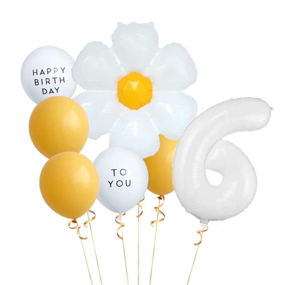 8pcs White Daisy Balloon Set With 32inch 1-9 White Number Ballon For  Daisy Themed Birthday Party Decor Kids Toys Helium Globos